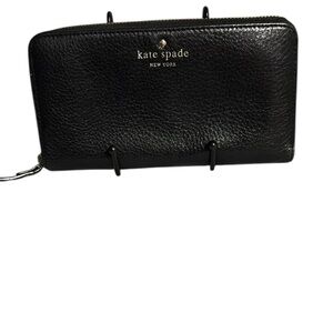 Kate Spade Black Leather Zip Wallet PWRU1801 Stripe Lining Gold Hardware